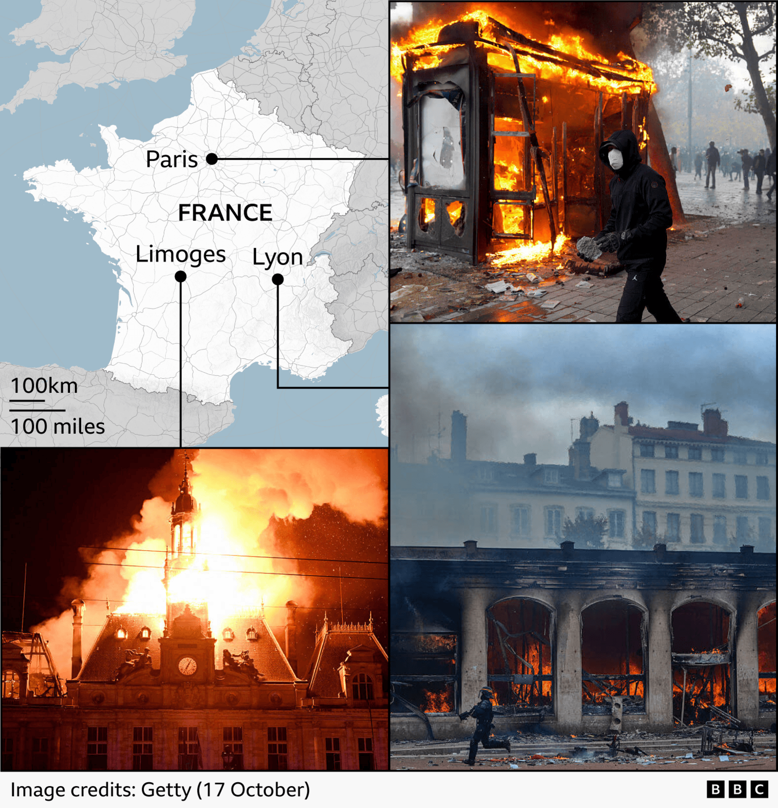Map of France highlighting places of unrest